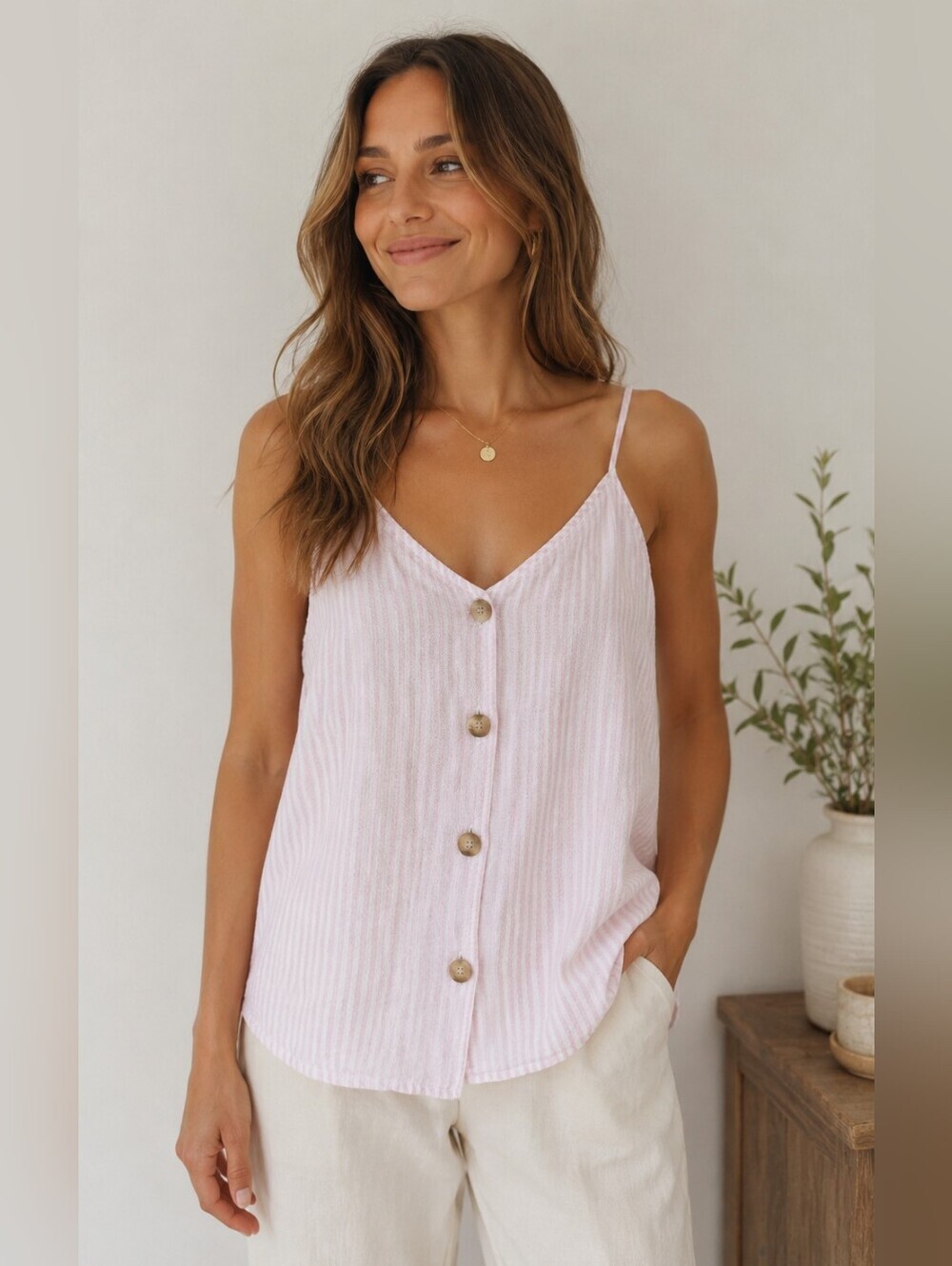 BP. Pink & White Striped Linen Blend Button Front Cami Tank Top Size L